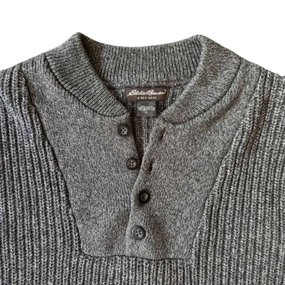 Eddie‎ Bauer Sweater Mens Large Gray Rib Knit Henley Cotton Pullover Heavy Knit